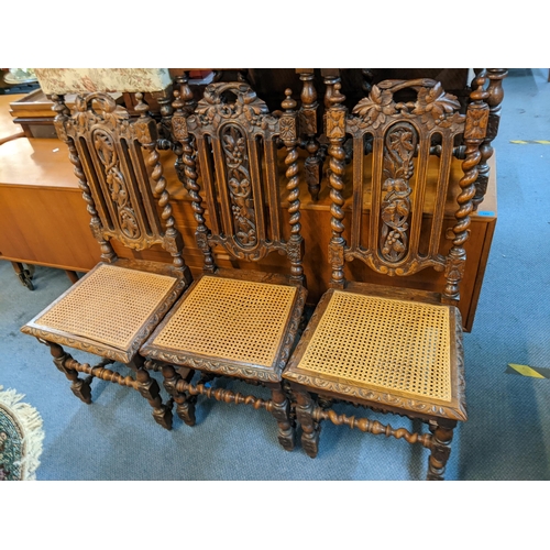 190 - A set of five late 19th century oak Carolean style barley twist support dining chairs together with ... 