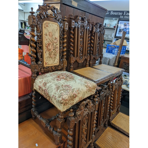 190 - A set of five late 19th century oak Carolean style barley twist support dining chairs together with ... 