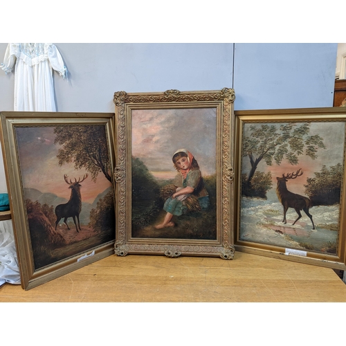 199 - 19th century British School - a pair of deer and a portrait of a girl, oil on canvas, in gilt frames... 