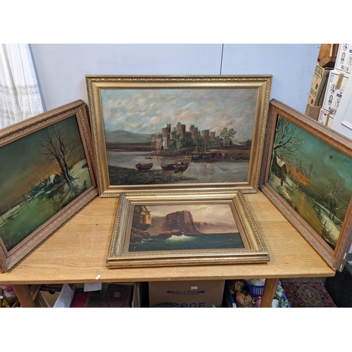 201 - 19th century British School - a pair of river scenes, a coastal scene and a view of a castle, all oi... 