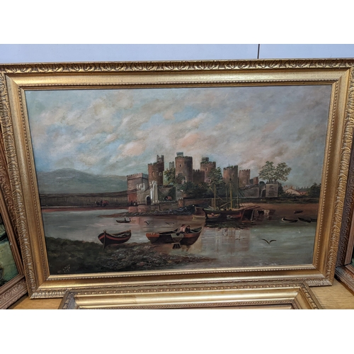 201 - 19th century British School - a pair of river scenes, a coastal scene and a view of a castle, all oi... 