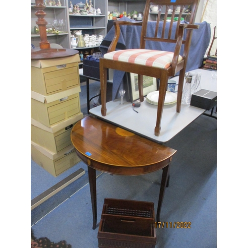 214 - A reproduction inlaid mahogany demi lune side table on square tapering legs and splayed feet with pu... 