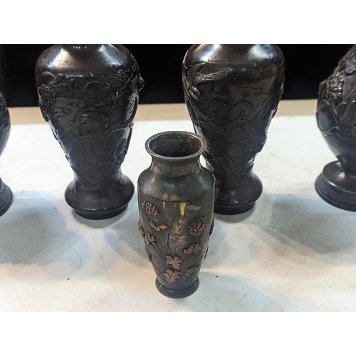 218 - A group of 20th century Japanese bronze vase, to include a pair having bird amongst foliage decorati... 