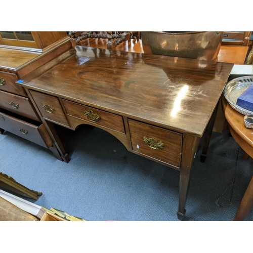 221 - An early 20th century Georgian inspired three drawer side table on square tapered legs, 81cm h x 111... 