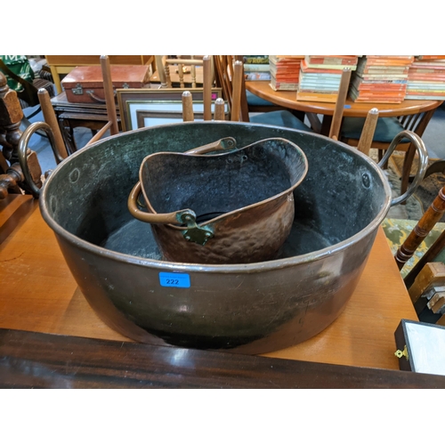 222 - Two Victorian copper coal buckets together with a twin handled basket and two brass trays
Location:A... 