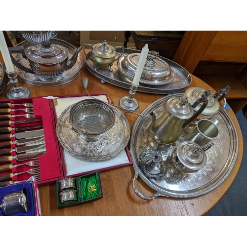 225 - Mixed silver plate to include a large twin handled tray, posy bowl, tureen, cased antler handled cut... 