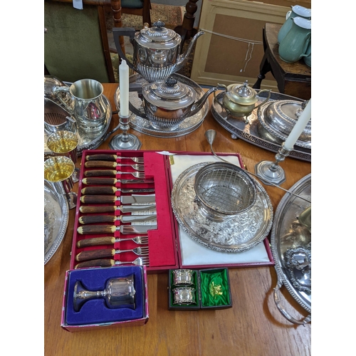 225 - Mixed silver plate to include a large twin handled tray, posy bowl, tureen, cased antler handled cut... 