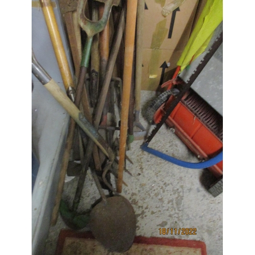 246 - Various garden hand tools to include wooden handles spades, forks, pruner and other items
Location:G