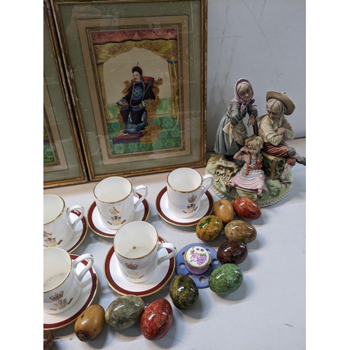 28 - Mixed collectables to include two Japanese paintings, stone eggs, Royal Kendal H&M tea set, a Wedgwo... 