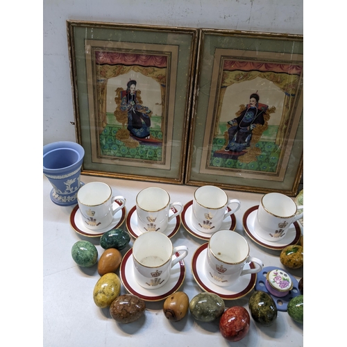 28 - Mixed collectables to include two Japanese paintings, stone eggs, Royal Kendal H&M tea set, a Wedgwo... 