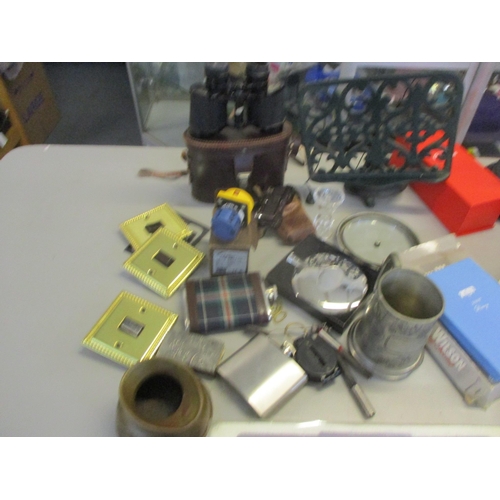 33 - A mixed lot to include a Disney table lamp, bronze model of a hose, hip flasks, binoculars, brasswar... 