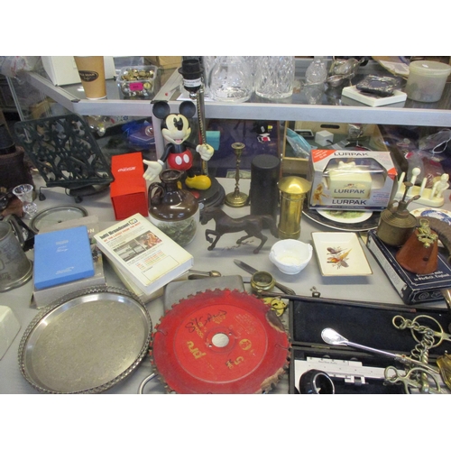 33 - A mixed lot to include a Disney table lamp, bronze model of a hose, hip flasks, binoculars, brasswar... 