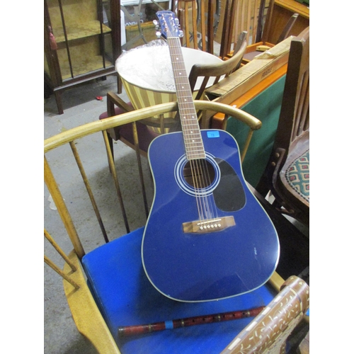 75 - A Frishman FA 100 acoustic guitar in blue colourway, along with a wooden recorder Location:A4M