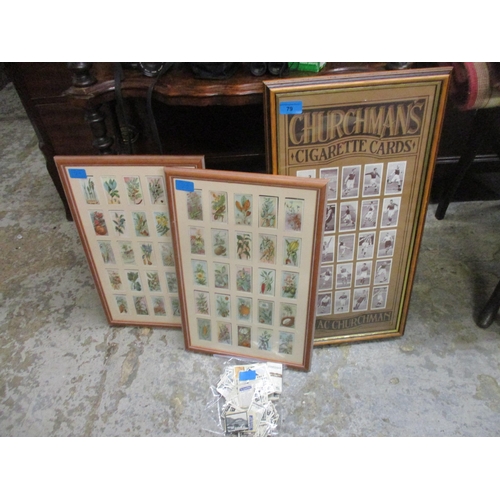 79 - Cigarette cards to include a framed and glazed set of Churchman's footballers, two framed and glazed... 