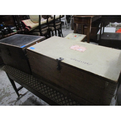 84 - A wooden box containing various items for upholstery, and a vintage wooden 'Shoe Shine' box with rop... 