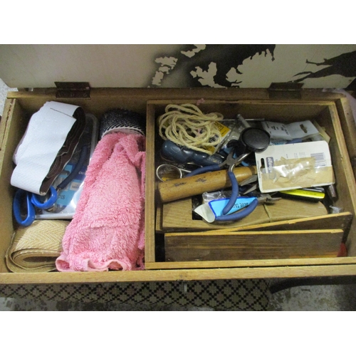 84 - A wooden box containing various items for upholstery, and a vintage wooden 'Shoe Shine' box with rop... 