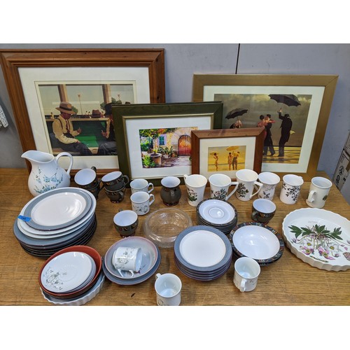 196 - Ceramics and pictures to include Jack Vettriano prints, Poole pottery, Port Merion, Denby and other ... 