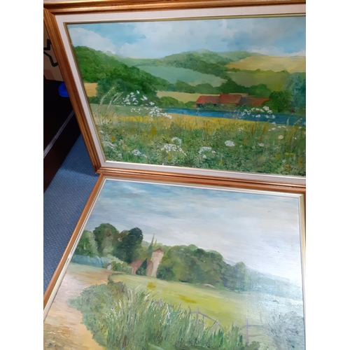 209 - Two amateur oils on board of countryside scenes, one indistinctly signed, both framed, together with... 