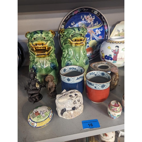 16 - A mixed lot of Oriental ceramics and figures to include tea bowl and saucer, ginger jar, model eleph... 