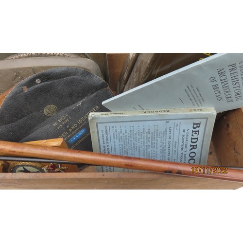 39 - Vintage Swan ink packing box with wall plaques, swagger stick, ammo box and a broadsheet newspaper p... 