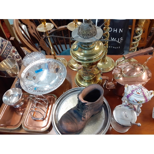 424 - THIS LOT IS WITHDRAWN
Two pairs of brass candlesticks, mixed silver plate and copperware and other h... 