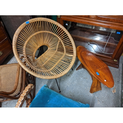 436 - A retro cane chair on black metal legs, and a redwood topped occasional table Location:G