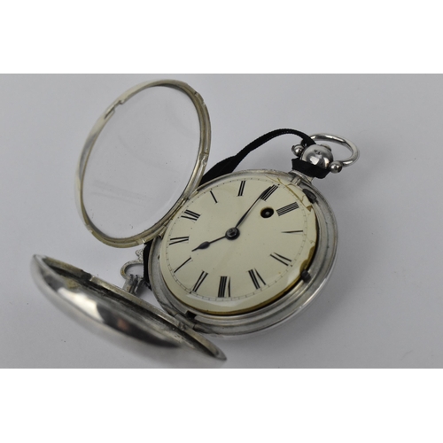 100 - An early 19th century silver full hunter pocket watch having a white enamel dial A/F, with blued han... 