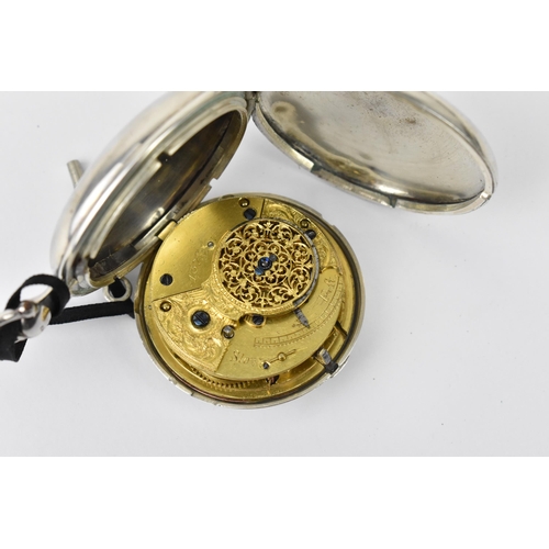 100 - An early 19th century silver full hunter pocket watch having a white enamel dial A/F, with blued han... 