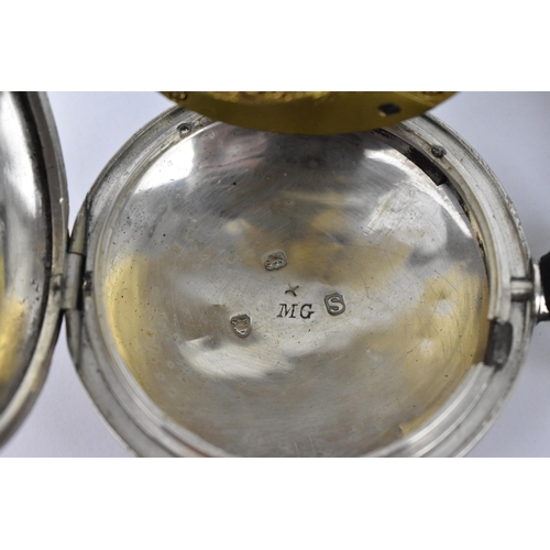 100 - An early 19th century silver full hunter pocket watch having a white enamel dial A/F, with blued han... 