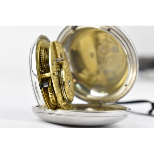 104 - An early 19th century silver full hunter pocket watch having a white enamel dial, with gilt hands, R... 