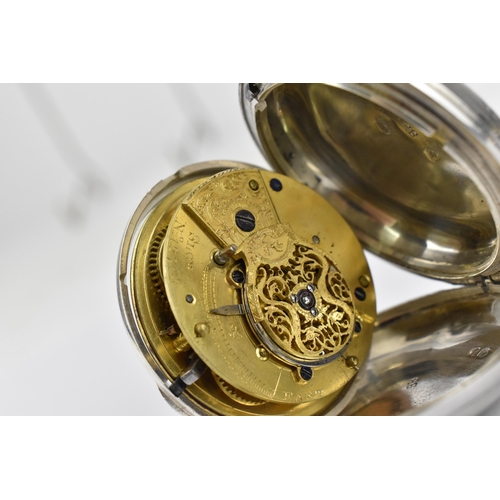 104 - An early 19th century silver full hunter pocket watch having a white enamel dial, with gilt hands, R... 