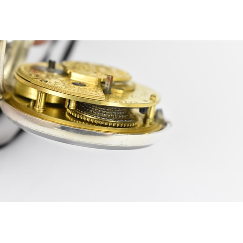 106 - A George III silver pair cased pocket watch having a white enamel dial, silvered hands and Arabic nu... 