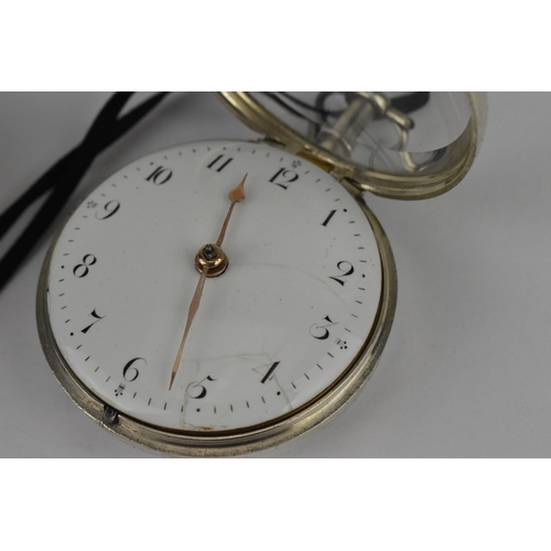 109 - A George III silver pair cased pocket watch having a white enamel dial A/F, with gilt hands and Arab... 