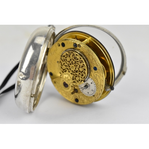 109 - A George III silver pair cased pocket watch having a white enamel dial A/F, with gilt hands and Arab... 