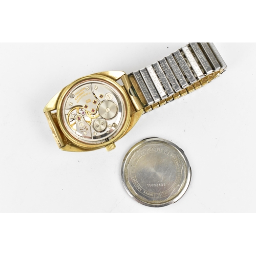 11 - A Longines manual wind, gents, gold plated wristwatch, having a silvered dial with centre seconds, b... 