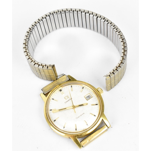 16 - An Omega Geneve, gents gold plated wristwatch, having a silvered dial with centre seconds and baton ... 