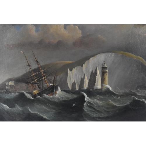 176 - British School, 19th century
depicting ships in choppy seas by chalk cliffs, unsigned, possibly trac... 