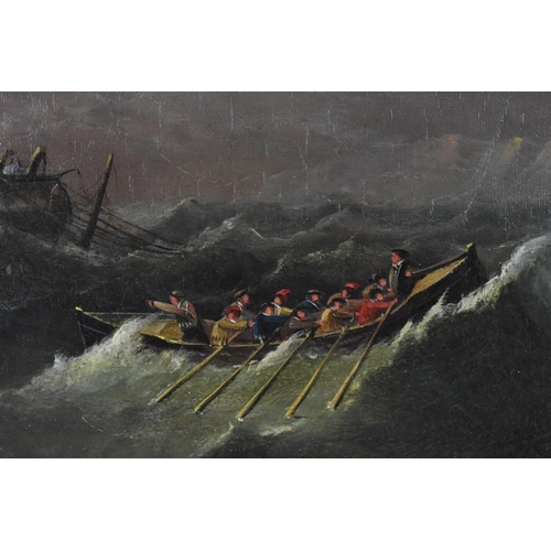 177 - British School, 19th century
depicting marines leaving their sinking ship in choppy seas, indistinct... 