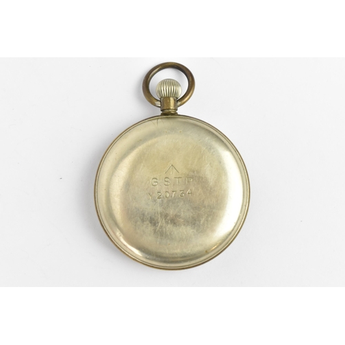 19 - An Omega nickel plated, open faced pocket watch having a white enamel dial, signed Omega, with Arabi... 