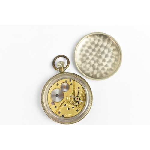 19 - An Omega nickel plated, open faced pocket watch having a white enamel dial, signed Omega, with Arabi... 