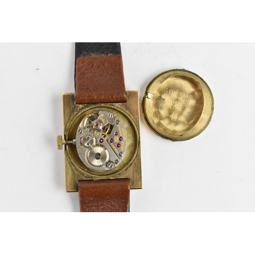 22 - A Longines manual wind, ladies 9ct gold wristwatch having a gilt dial with Roman numerals, later lea... 