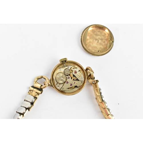 23 - A Favre Leuba, manual wind, ladies 9ct gold wristwatch having a white enamel dial with baton markers... 