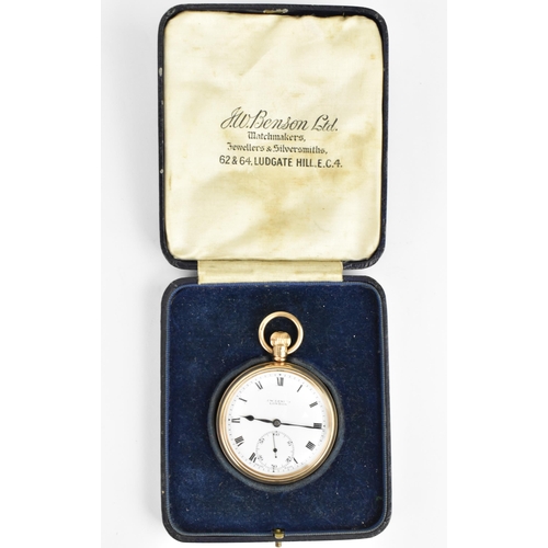 27 - An early 20th century 9ct gold, open faced pocket watch having a white enamel dial, signed J.W.Benso... 