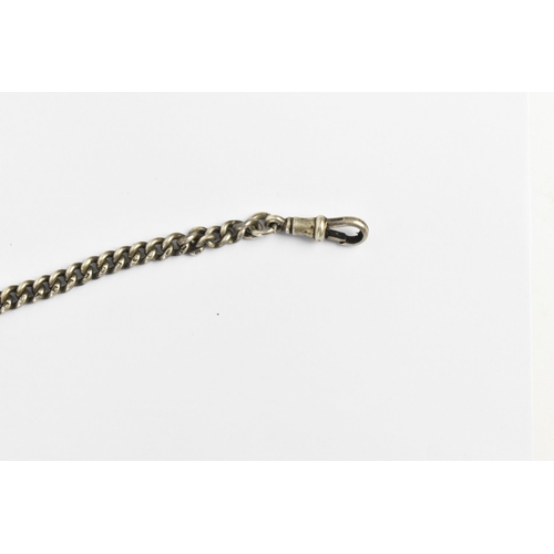 33 - A late 19th/ early 20th century silver curb link pocket watch chain having a T-bar, silver fob and t... 