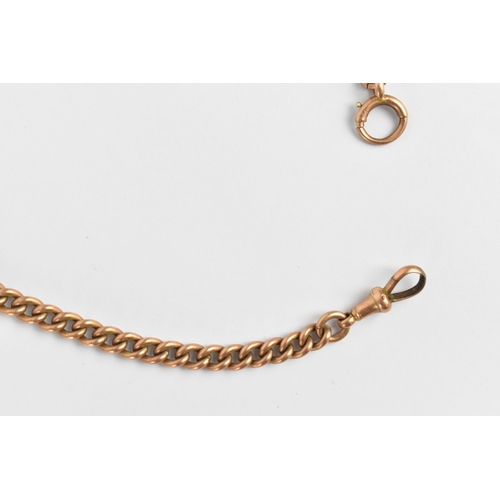 34 - A 9ct gold pocket watch chain having a T-bar and single dog clip, an O ring and a swivel fob, 38cm l... 