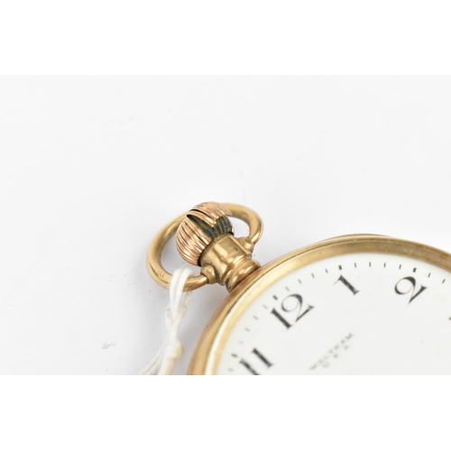 35 - An early 20th century Waltham 9ct gold, open faced pocket watch having a white enamel dial, signed W... 