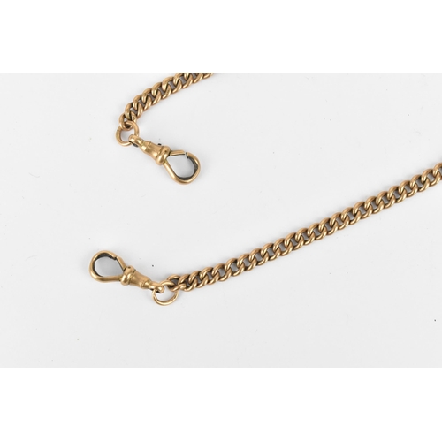 36 - A 9ct gold pocket watch curb link chain having a T-bar and two dog clips, 44cm long, 36 grams Locati... 