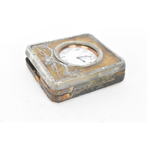 42 - An early 20th century Goliath nickel plated 8 day clock in a fitted silver and leather case, the wat... 