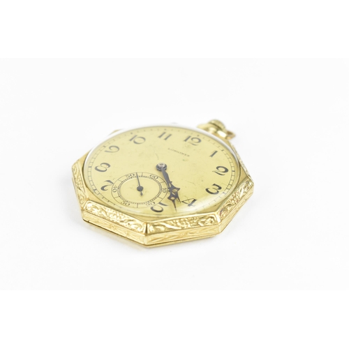 44 - An early 20th century Longines gold plated, open faced pocket watch having a gilt dial with blued ha... 