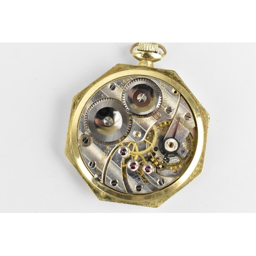 44 - An early 20th century Longines gold plated, open faced pocket watch having a gilt dial with blued ha... 